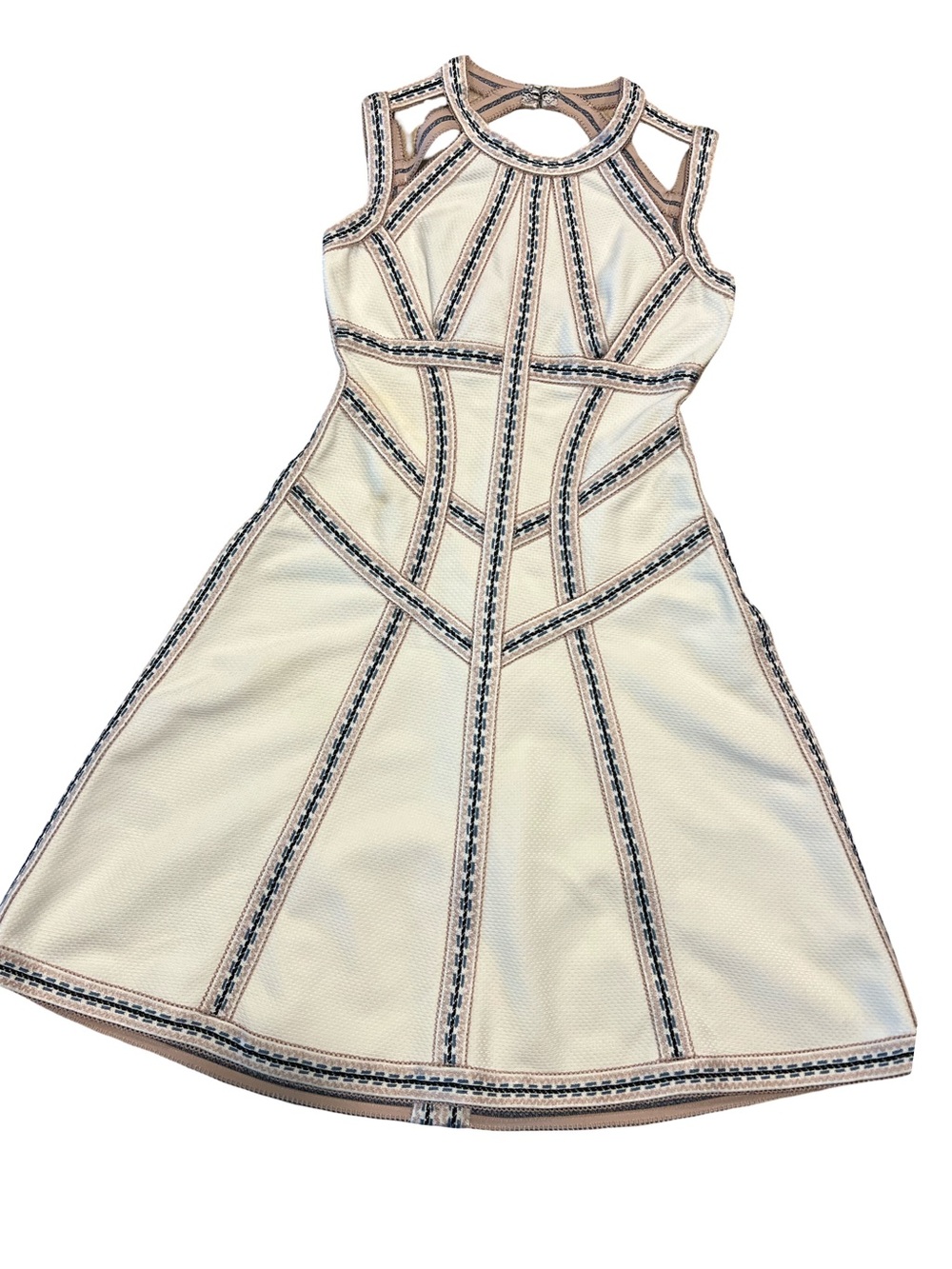 Herve Leger Ivory Midi Dress with Navy Trim Honeycomb Jacquard Fit